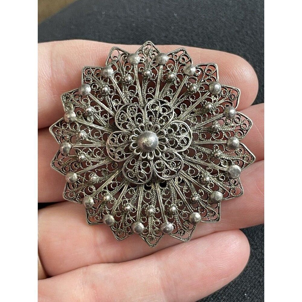 Vintage Filigree Brooch Silver Signed 1000 Flower